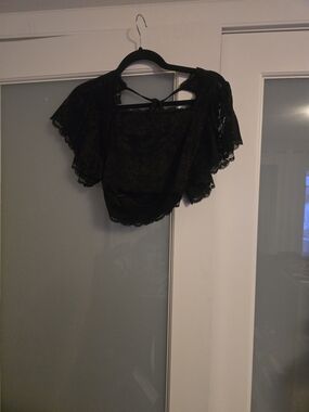 Guess Black Lace Crop Top with Flutter Sleeves
